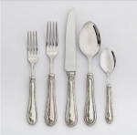 Verona Pewter Five Piece Place Setting Dinner Knife, Dinner Fork, Salad Fork, Table Spoon, Tea Spoon

Care & Use:  Legacy Pewter flatware is dishwasher safe.  We recommend using the lowest heat setting for both wash and dry cycles, using liquid dishwashing soap without citrus or lemon scents.  So, do not wash in commercial dishwashers that clean with extreme heat.